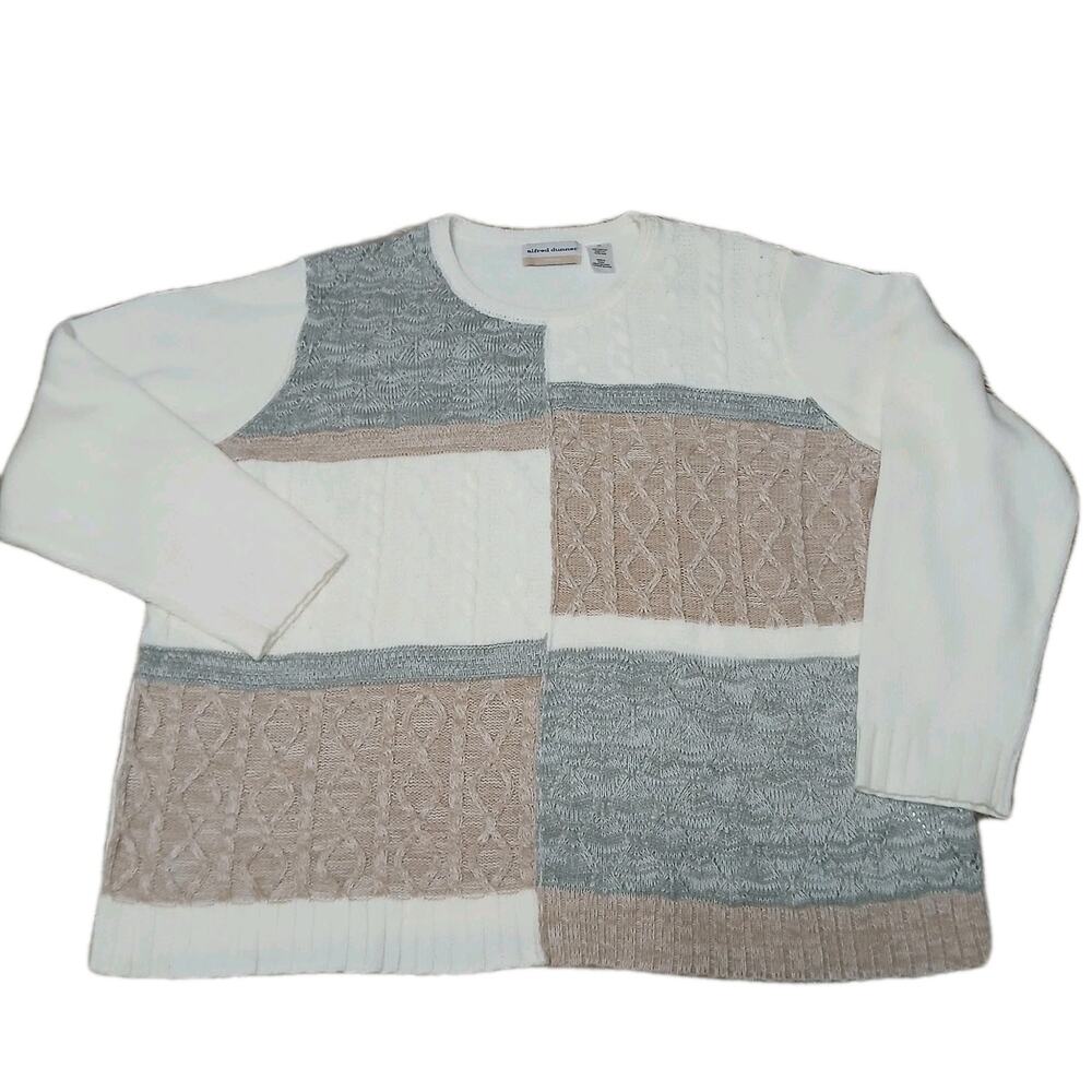 Alfred Dunner Woman 3X Patchwork Cable Knit Sweater Pullover Beige Gray Cream